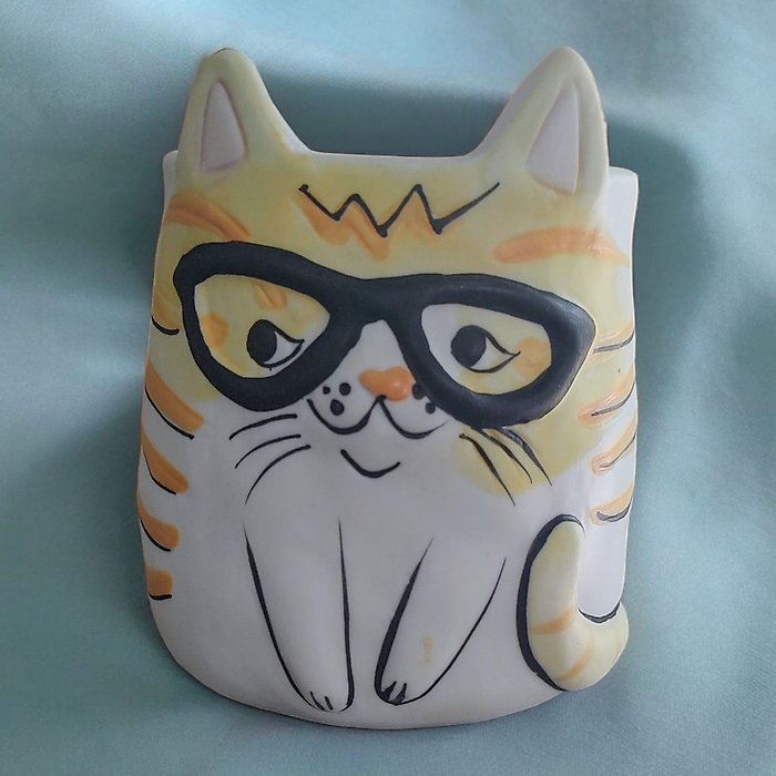 Cat w/Glasses  Plant Parent Buddies 4.7&quot; H Ceramic Planter 